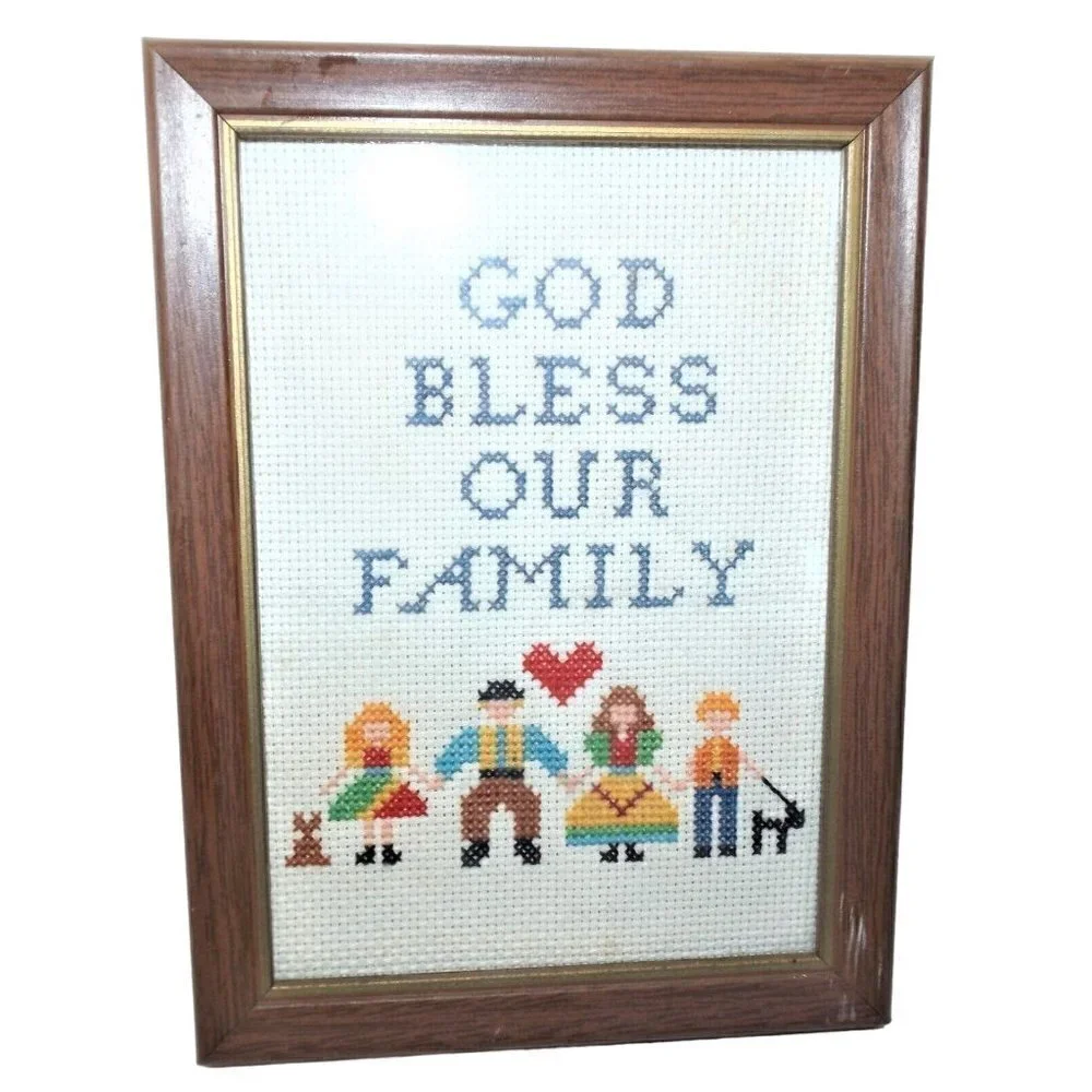 Vintage Framed Counted Cross Stitch Picture  God Bless Our Family  5 X 7